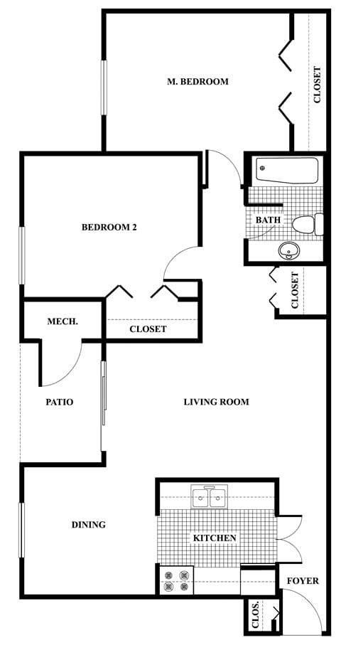 Floor plan for 2 beds, 1 bath, 795 sqft